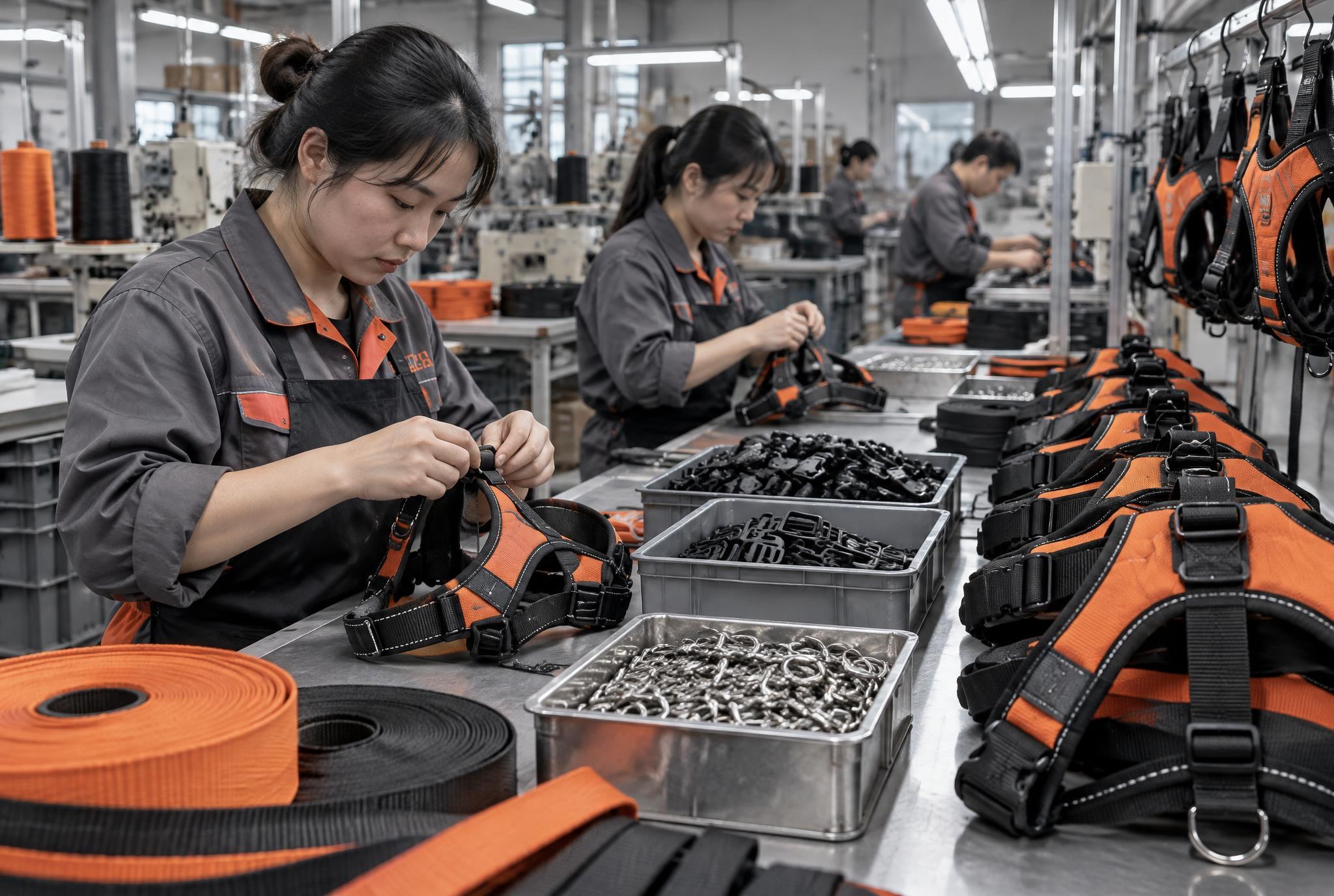 Dog harness assembly line in a partner factory