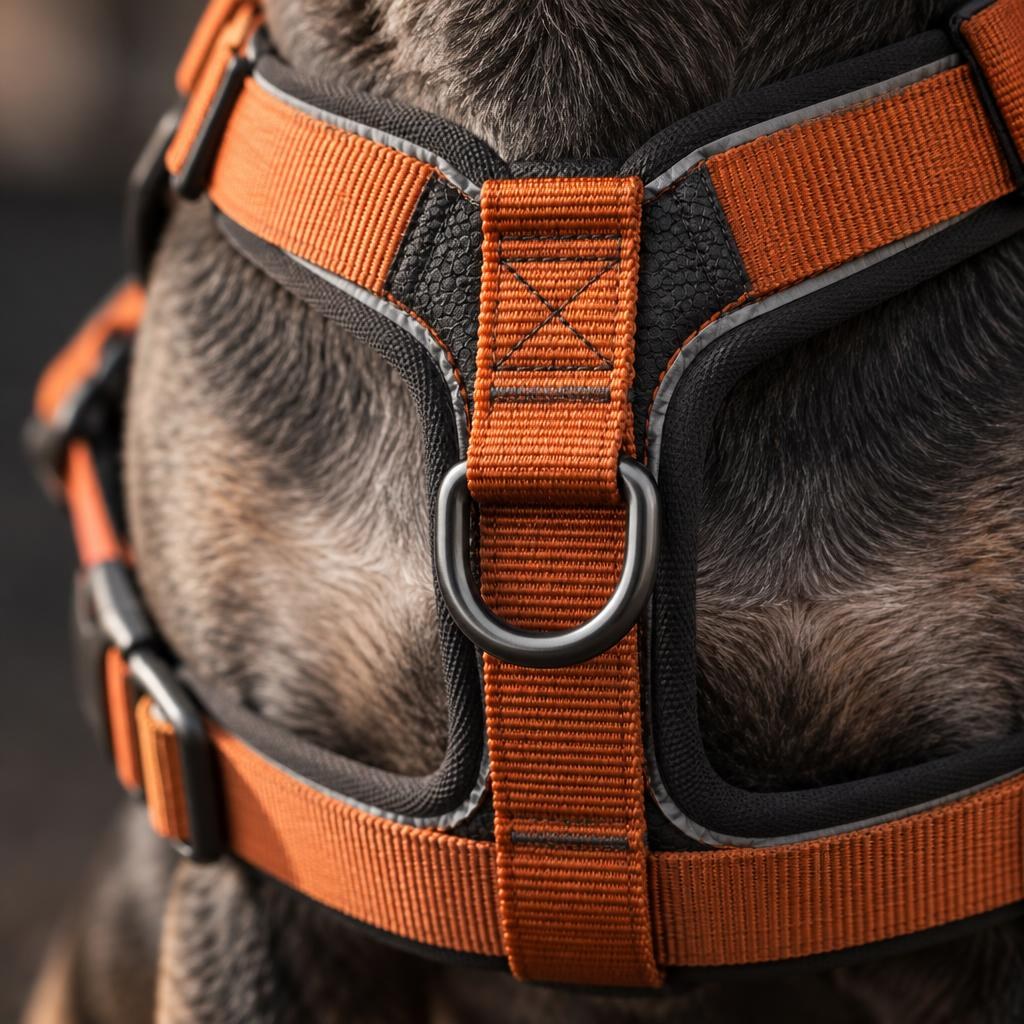 Close-up of a front-clip dog harness chest D-ring and stitching