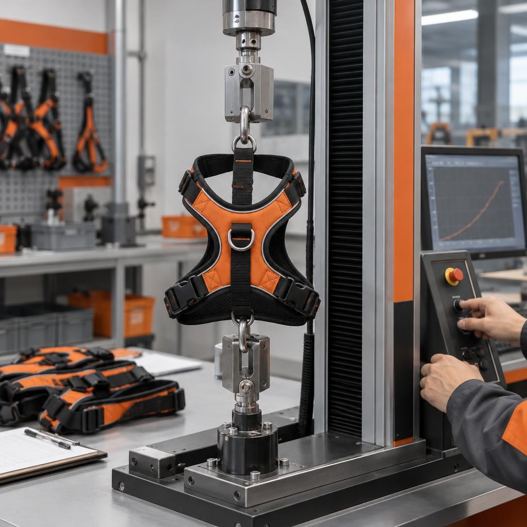 Front-clip dog harness stitching and hardware quality inspection